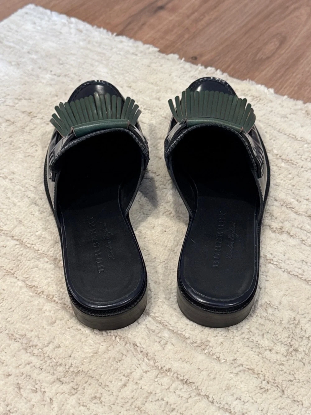 Burberry Navy Leather Slip-On Loafers with Green Fringe - Picture 4 of 6